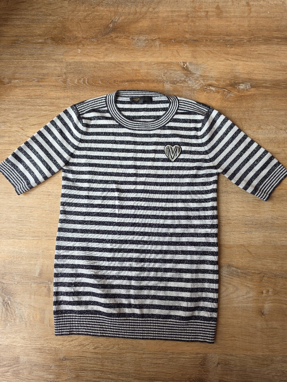 Maje Striped Knit Short-sleeve Top Glittery Size 1